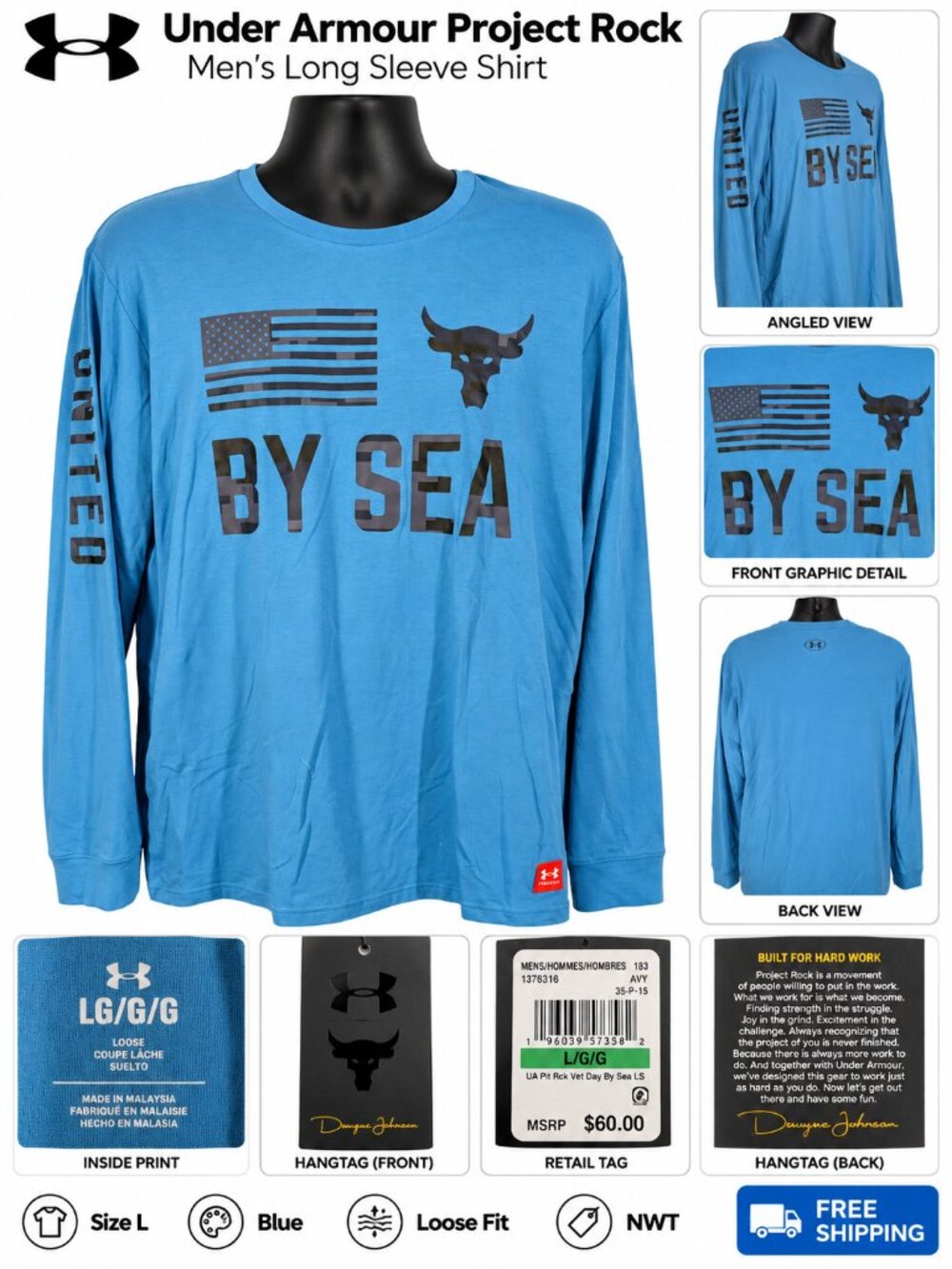 Under Armour Project Rock Veterans Day By Sea Men’s L Blue Long Sleeve NWT